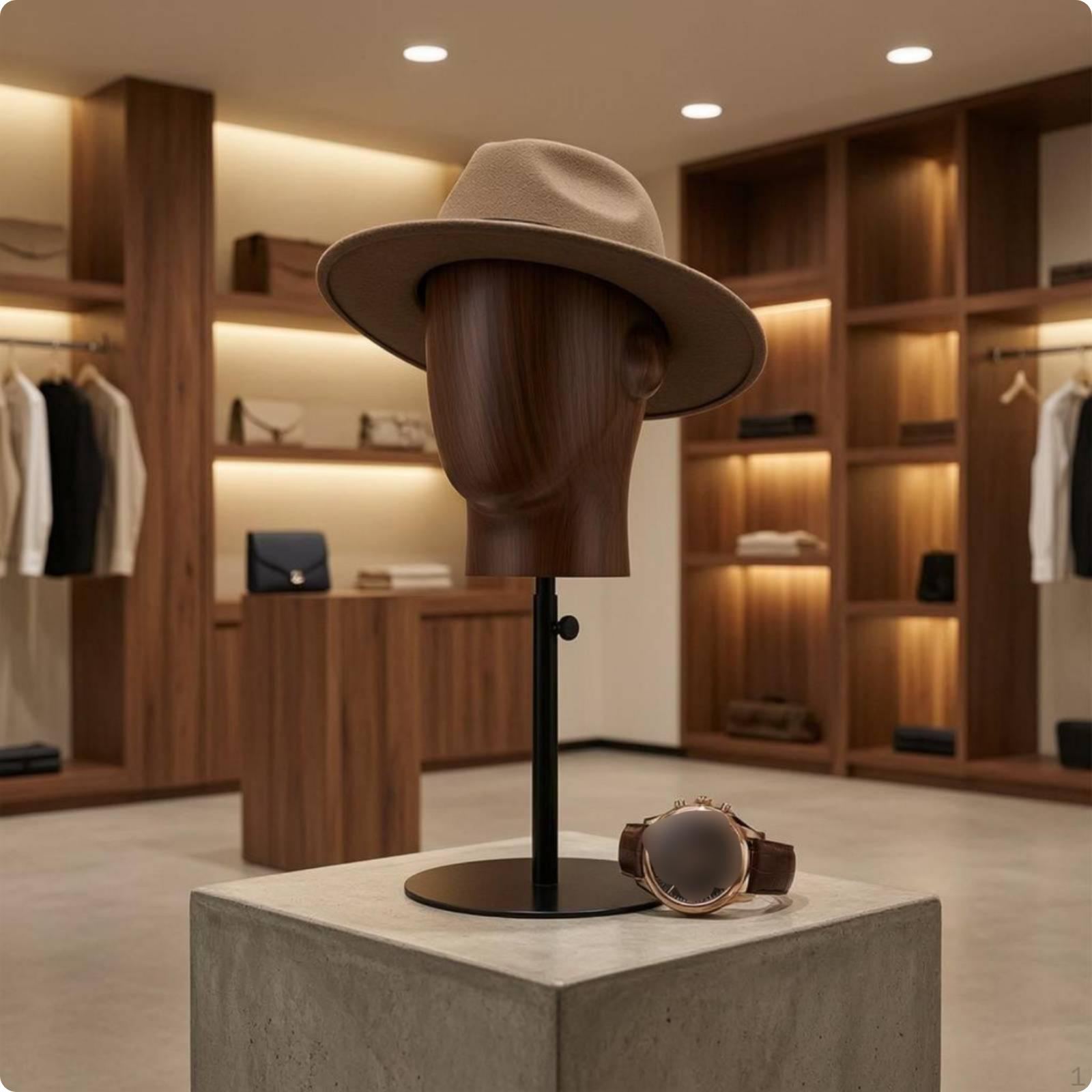Hairpiece Display Mannequin Metal Base Adjustable Stand with LumberGrain Finish Black