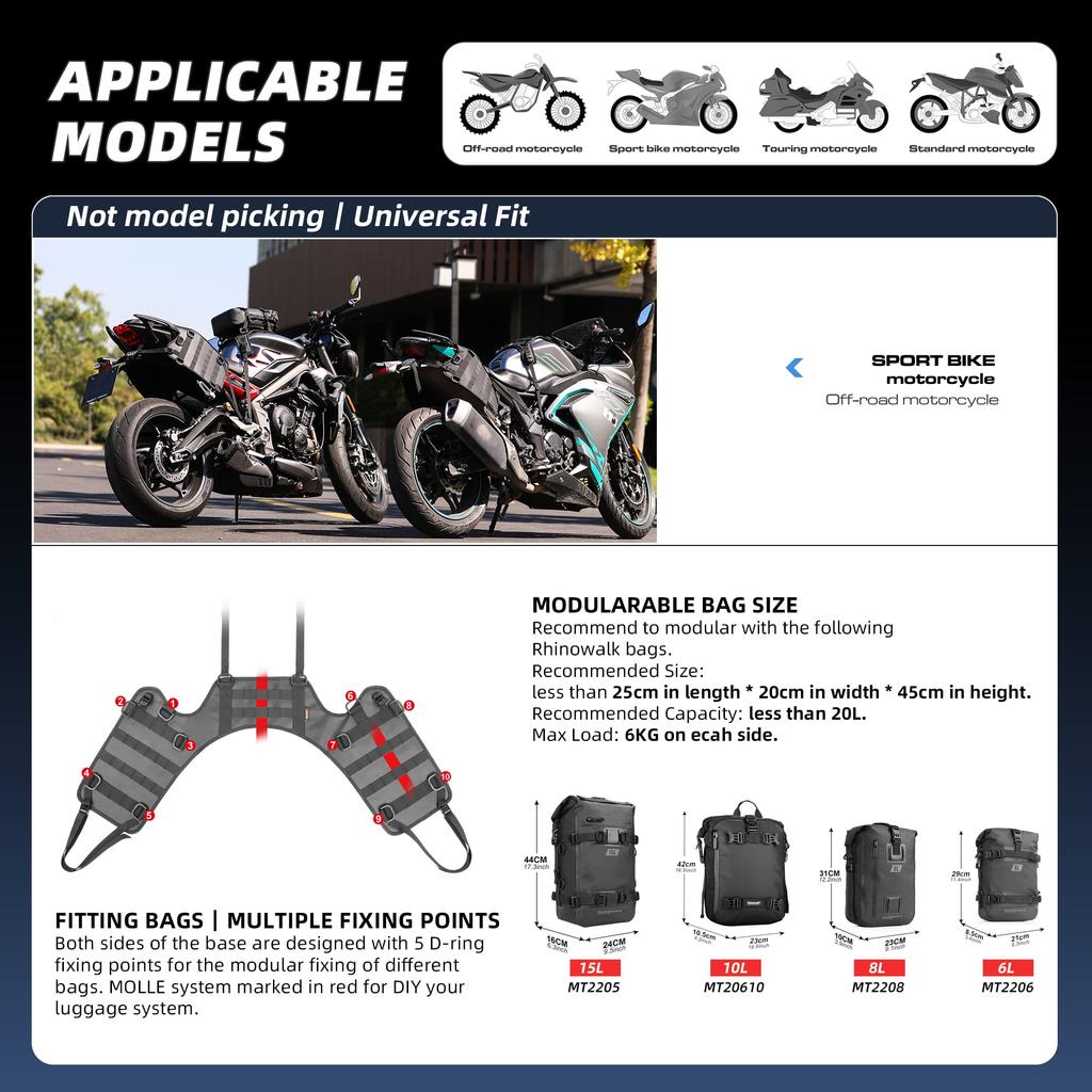 Rhinowalk Side Bag Base - Motorcycle Side Bag Fitting System - Easy Installation - Motorcycle Side Bag Holder - Increases Load Capacity - Universal Ty