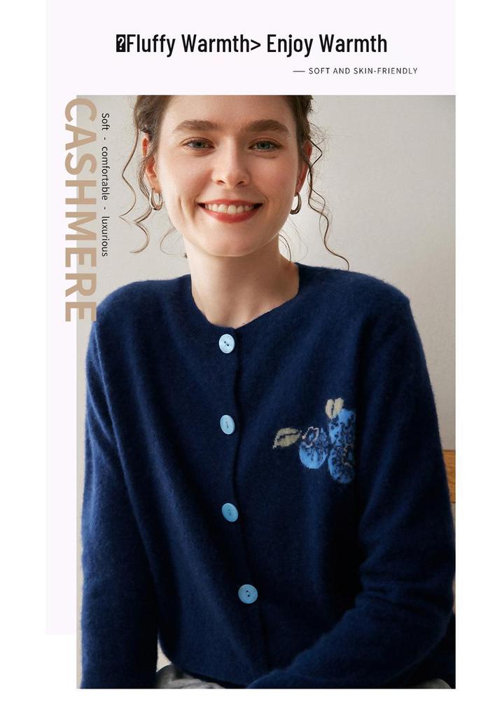 Embroidered Cashmere Cardigan - Women's Loose Fit Round Neck Knit Sweater