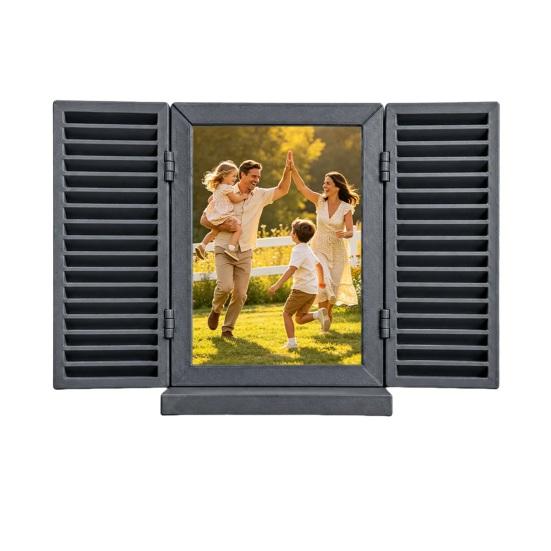 Key Holder with Hidden Storage Shelf, Mediterranean-Style Window Frame Photo Display Stand, Functional Entryway Organizer with Blinds Decor
