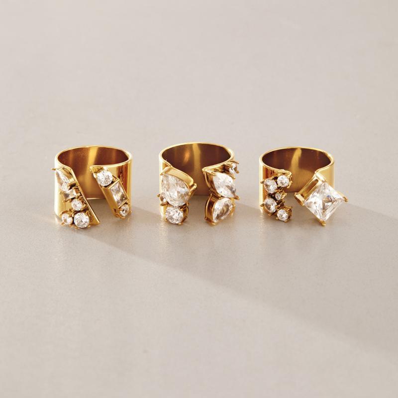 Geometric Zircon Open Rings For Women Gold Pvd Plated Stainless Steel Rings Jewelry Rhinestone Crystal Ring Shiny Zircon