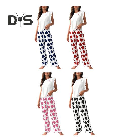 Dámská saténová pyžamová souprava s volánkovým lemem, tílko a kalhoty se širokými nohavicemi, ležérní dvoudílný domácí oděv, souprava na lenošení