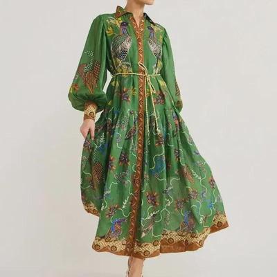 Europäisches und amerikanisches Retro-Laternenärmel-Print-Schnürkleid für Damen