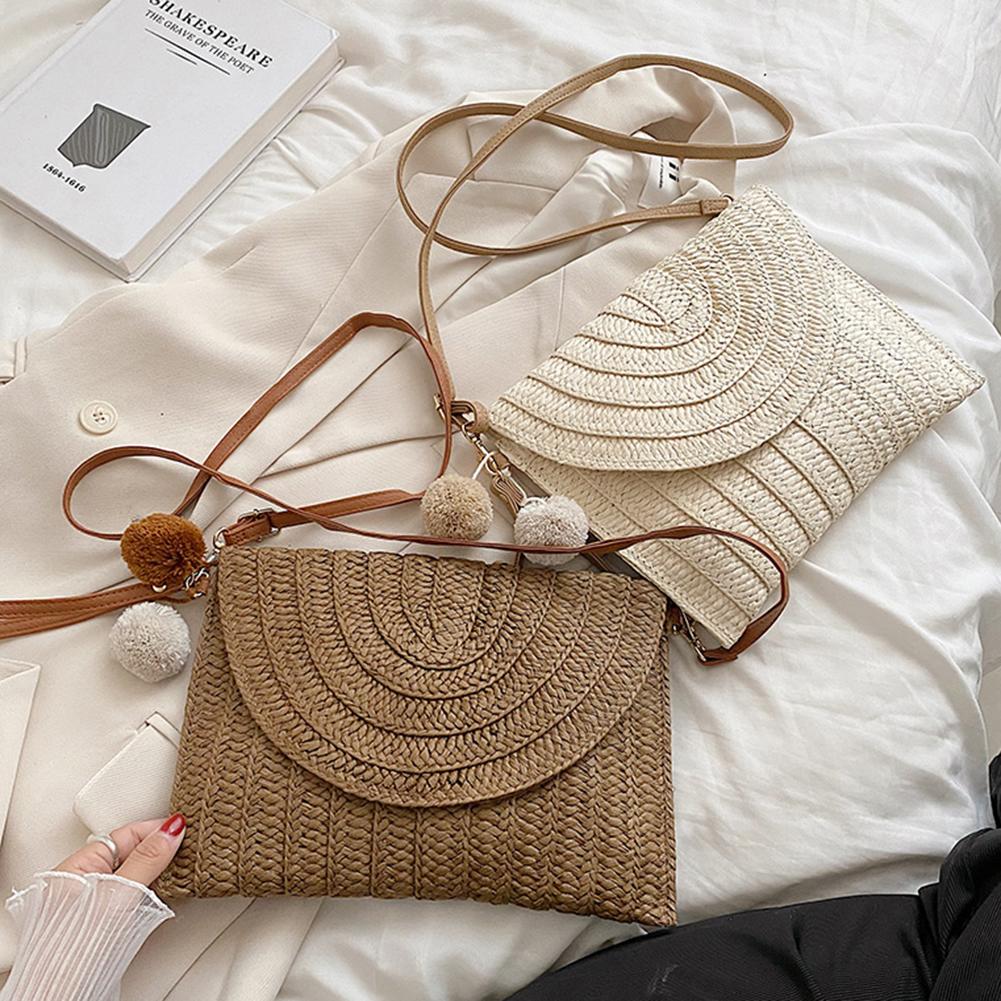 Summer Ladies Handbags Fashion Envelope Bag Casual Portable Handmade Simple Elegant with Hairball Exquisite for Seaside Beach