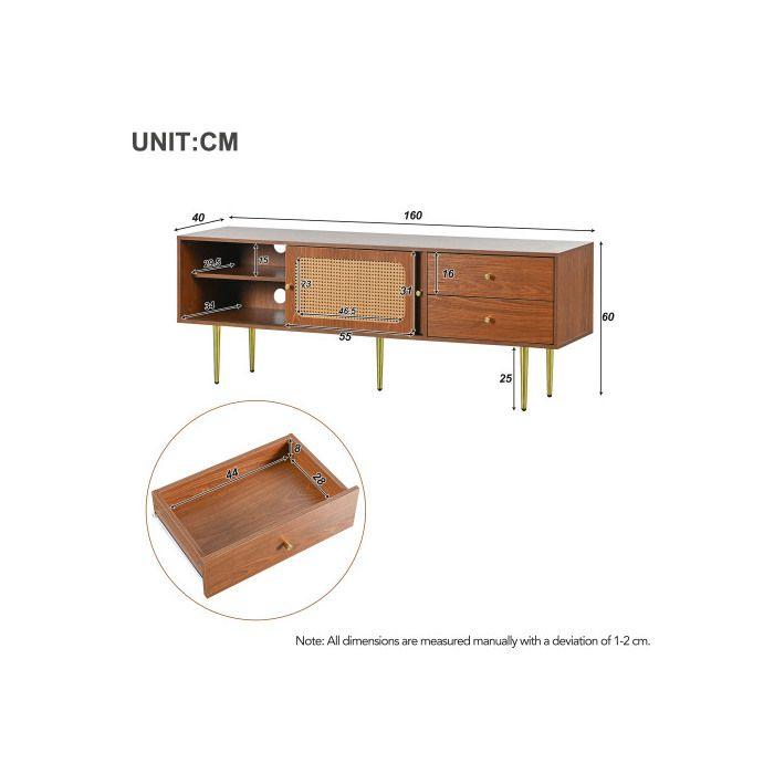 Elegantní TV stolek, 2 zásuvky, 2 posuvná ratanová dvířka, 4 úložné přihrádky, 160*40*60 cm.