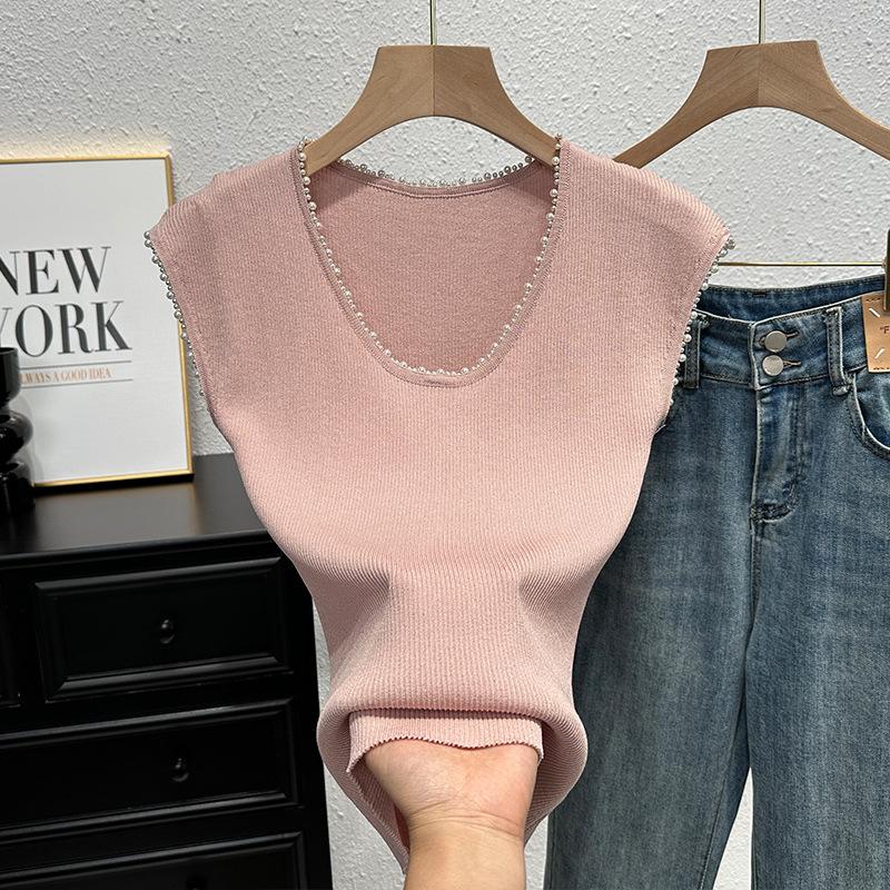 Knitted sweater vest vest women's summer thin slim fit thin bottoming shirt temperament beaded sleeveless top women