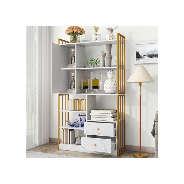 Bookshelf - MUVOE - 6 Shelves - Marbled White - Doors and Drawers - Chic Elegance
