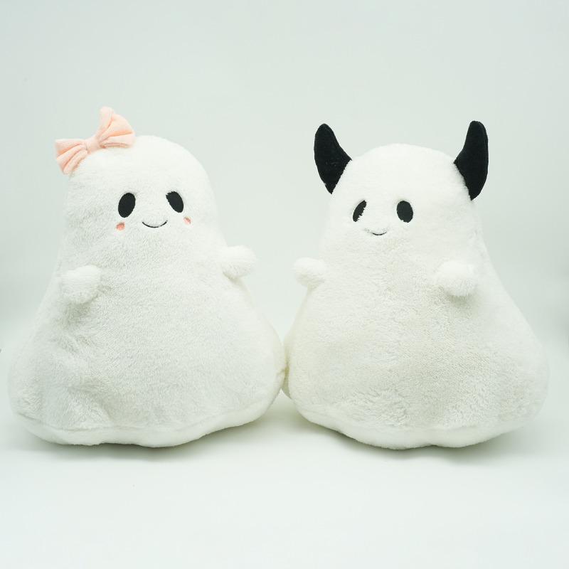 Cute Halloween Ghost Plush Toy Soft Stuffed Ghost Doll with Pink Bow and Black Horn Cartoon Figure Sofa Decor Holiday Gift for Kid and Halloween Party