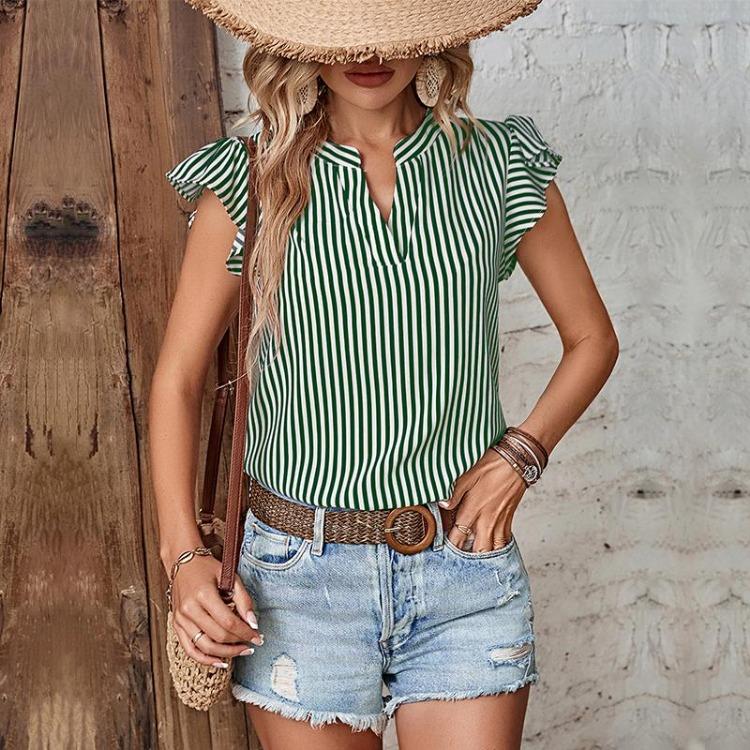 Chic Women's Striped V Neck Ruffle Blouse Short Sleeve Summer Tops