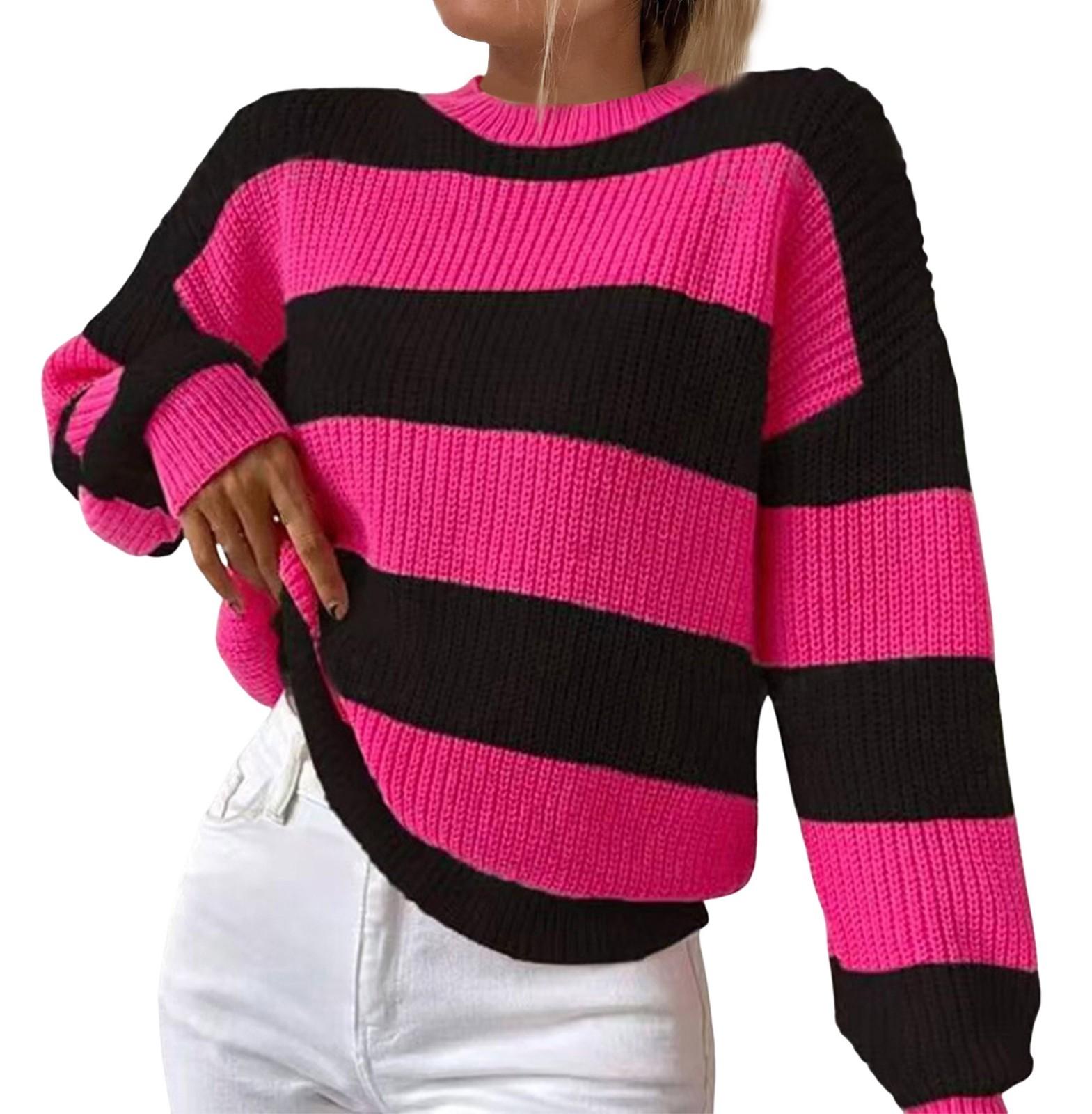 

Женский повседневный полосатый свитер с длинными рукавами, пуловер с круглым вырезом, топ-свитер M горячий розовый