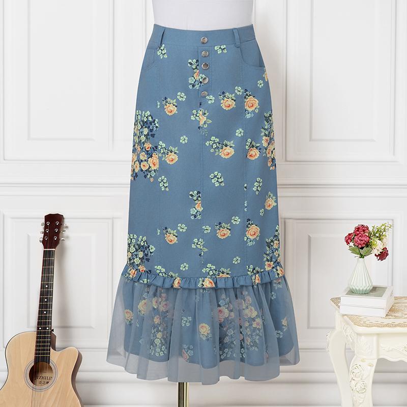 ZANZEA Womens Casual Floral Print Mesh Splice Hem Summer Midi Skirts M синий