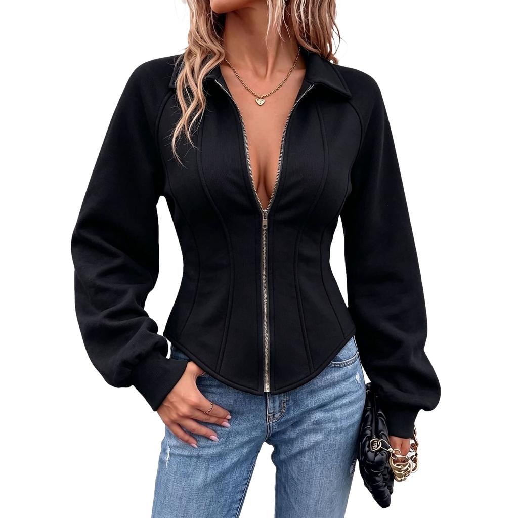Women's Fashion Zip Up Long Sleeve Color Waist-Cinched Sweatshirt Jacket with Lapel Collar for Casual Wear
