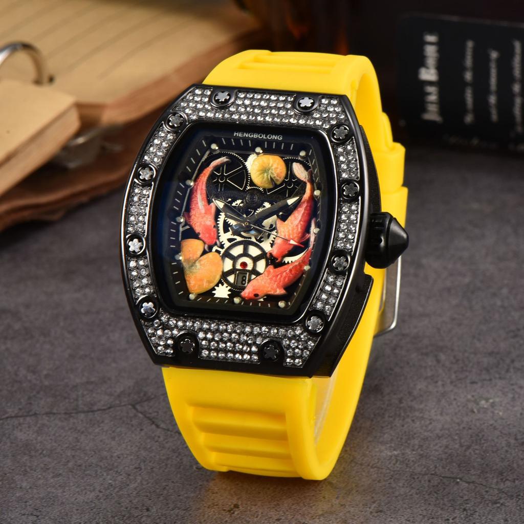 2025 New Hengbolong Diamond Quartz Watch Men's Fashion Koi Pattern with Calendar Silicone Watch with Spot