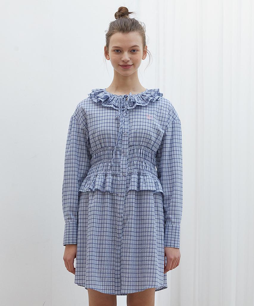 Near And Dear Shirred Waist Check Dress Blue