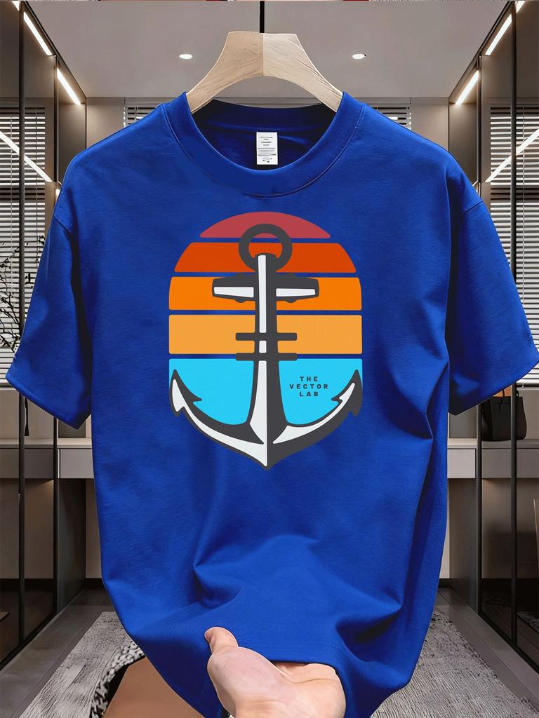 Unisexs Summer Cotton T Shirt Retro Sunset Anchor Print Short Sleeve Crew Neck Casual Nautical Graphic Daily Streetwear Loose Tops