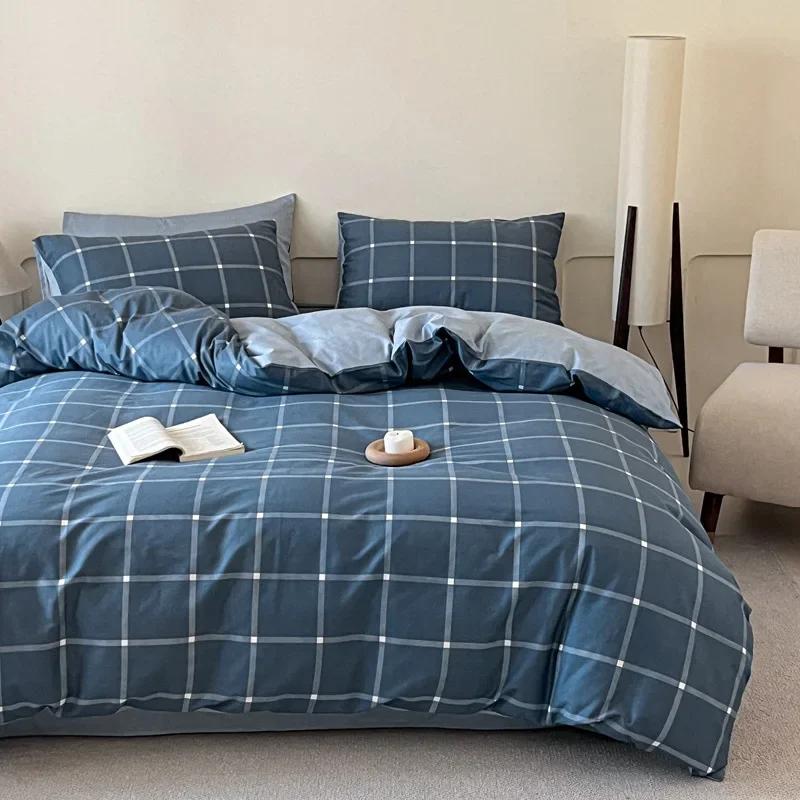 

High Quality Grid Printed Flat Sheet Bedding Sets Light Luxury Cotton Soft Quilt Cover Single Double Bed Comfort Set for Adults 1.2m-160x210cm 3pcs