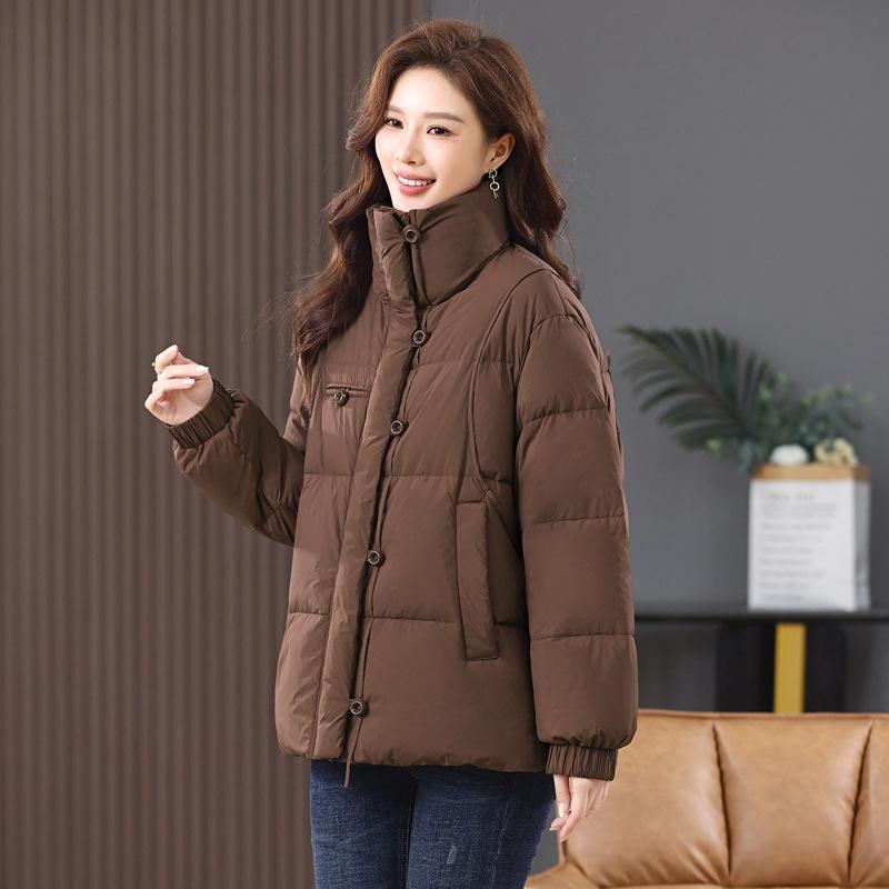 

Женская зимняя куртка пуховик с воротником-стойкой 2024, однотонная, толстая и теплая куртка из пуха белой утки XL (for 143-154 jin)