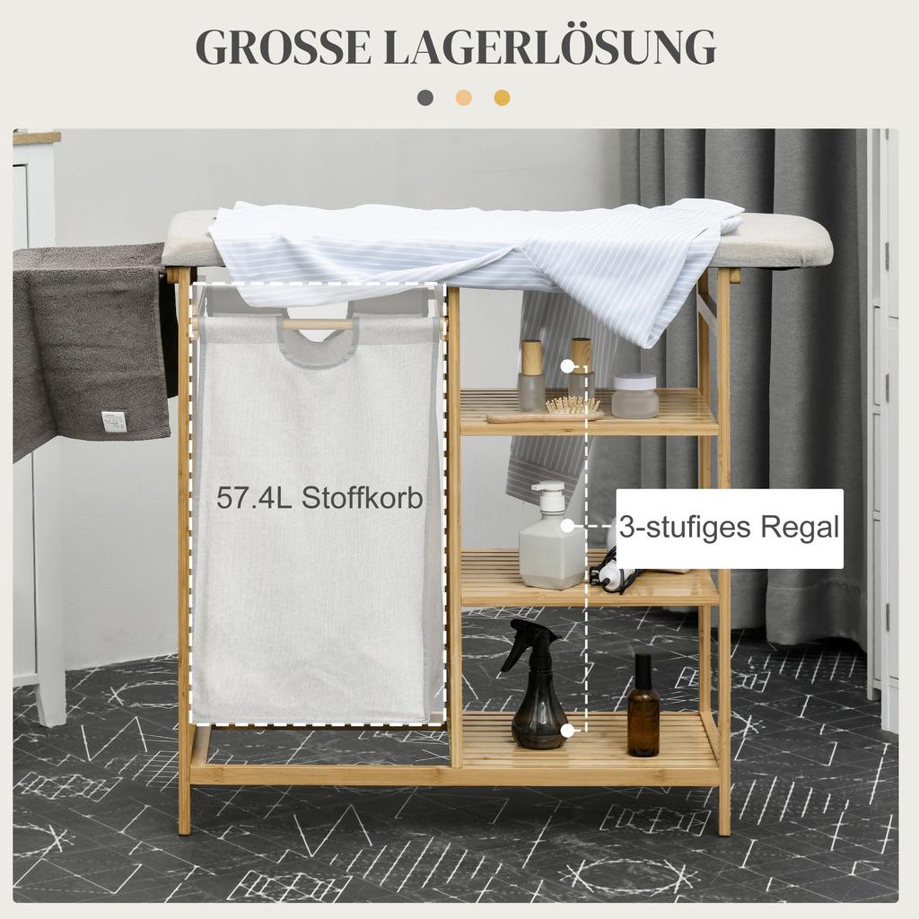 Cesto raccogli biancheria, multifunzionale, asse da stiro e sacca in tessuto 57L, struttura in bambù, 113x34x82cm, naturale/grigio