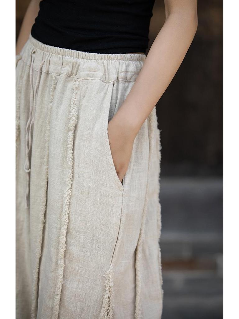 Women's Spring & Summer Ramie Flannel Pants - National Style, Improved Chinese Straight Cut with Drawstring.