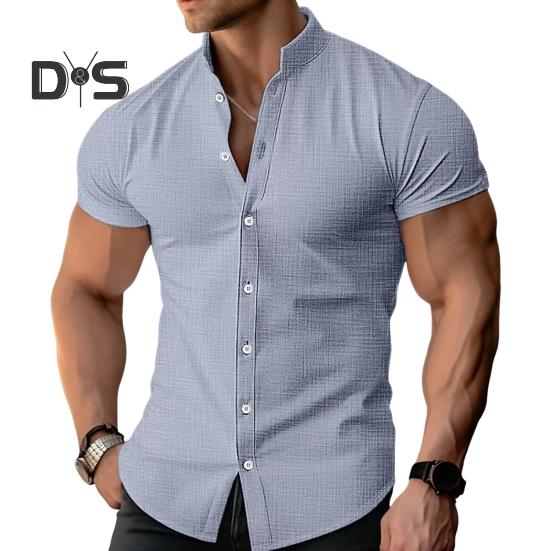 

Мужская летняя рубашка с воротником-стойкой, сплошной цвет, однобортный облегающий кардиган с короткими рукавами, мягкий дышащий средней длины, повседневный деловой мужской офисный топ 3XL серый