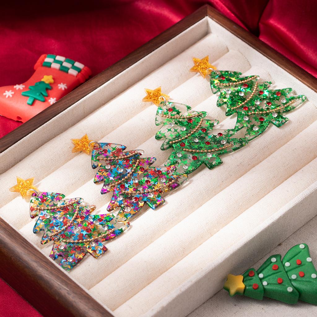 Christmas Fashion Trend Christmas Tree Diamond Bead Chain Earrings Delicate Sequins Stars Creative Design Earrings Women
