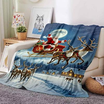 1pc Santa Claus, Reindeer Sleigh Blanket Lightweight Flannel Throw for Sofa Bed Travel Camping Livingroom Office Couch Chair