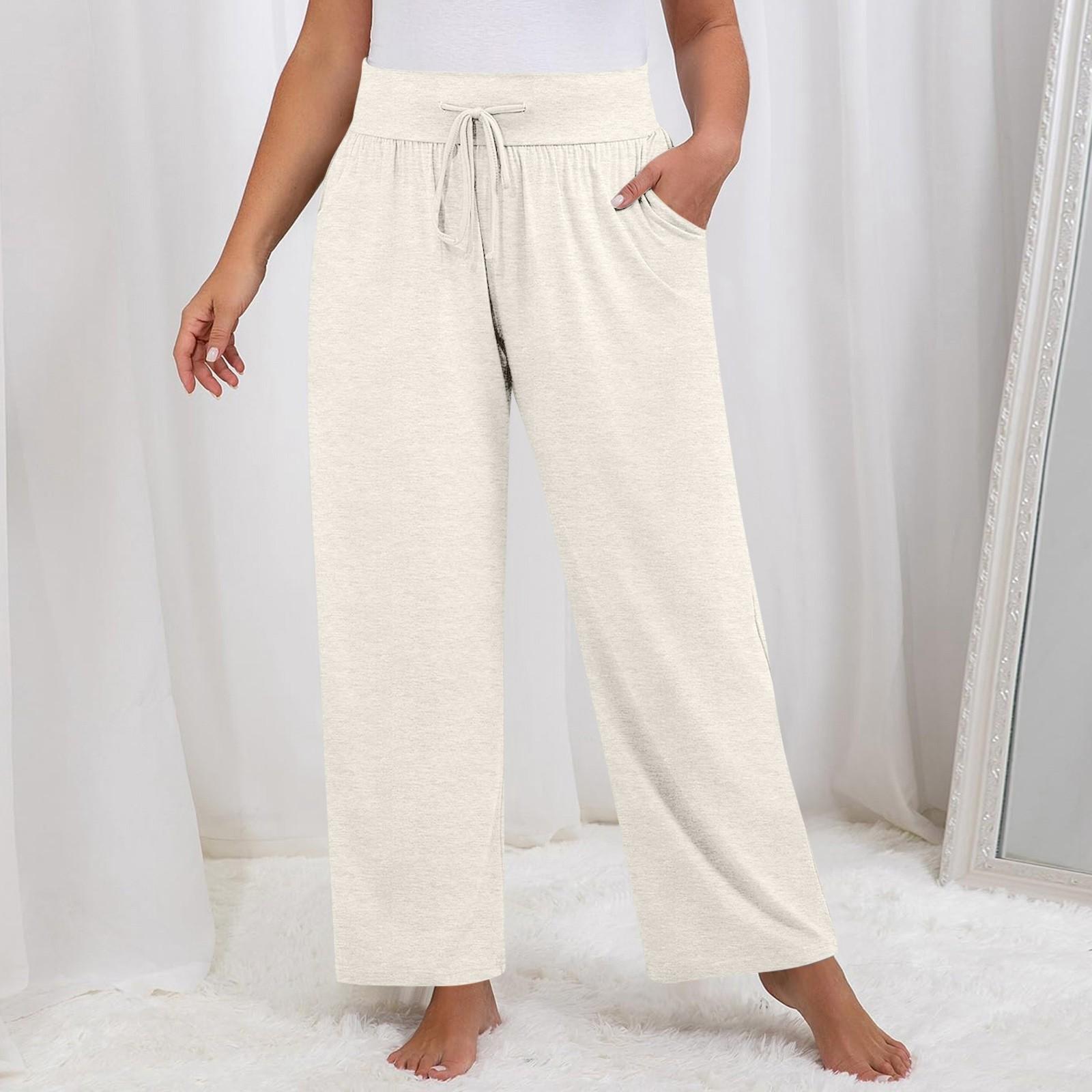 Women s Plaid Printed Plus Size Wide Leg Yoga Pants Loose Drawstring Sports Pocket Casual Pants S бежевый