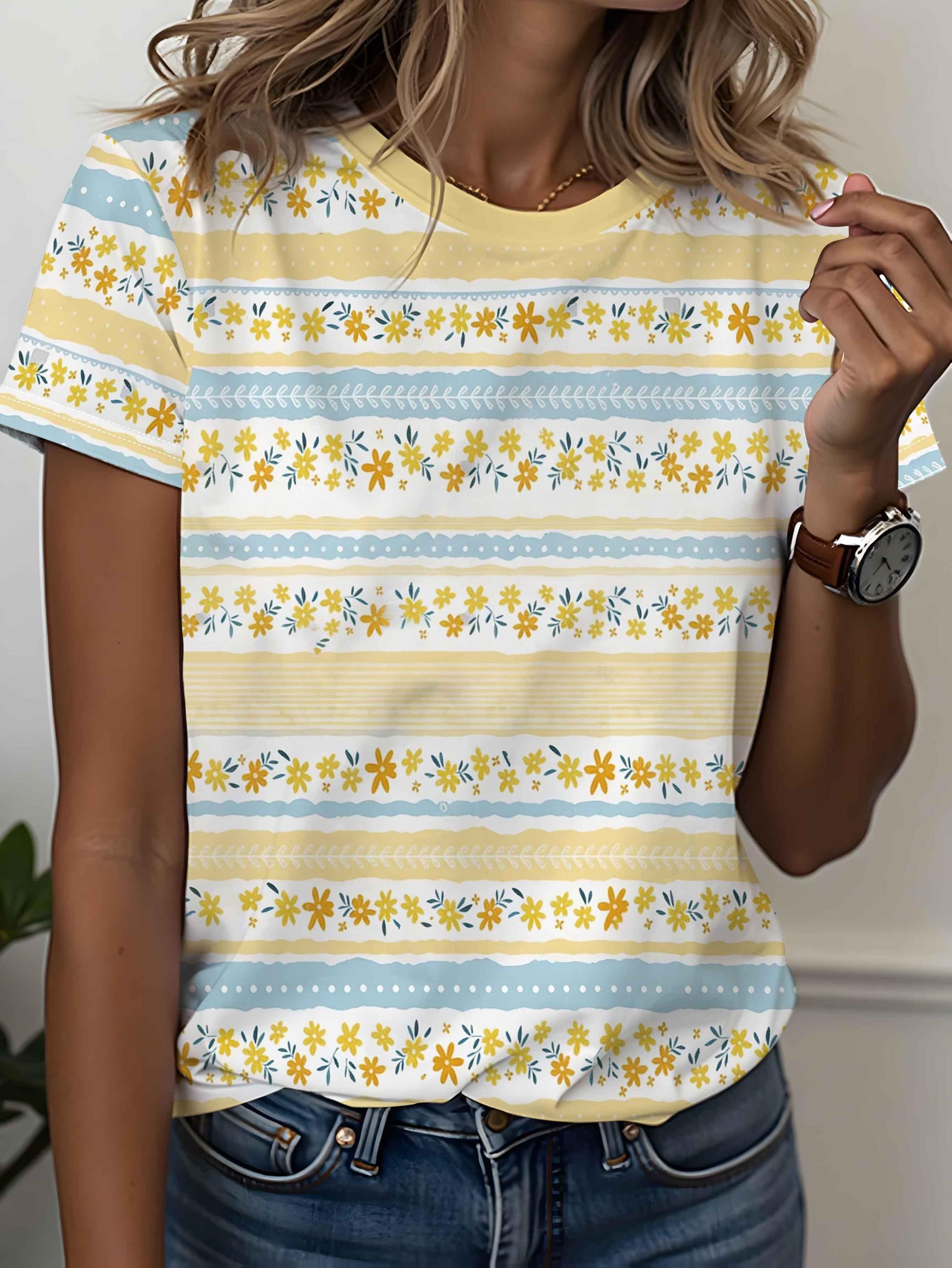 

Women s T-shirt short-sleeved contrasting stripes age-reducing gentle style T-shirt comfortable fabric XXS