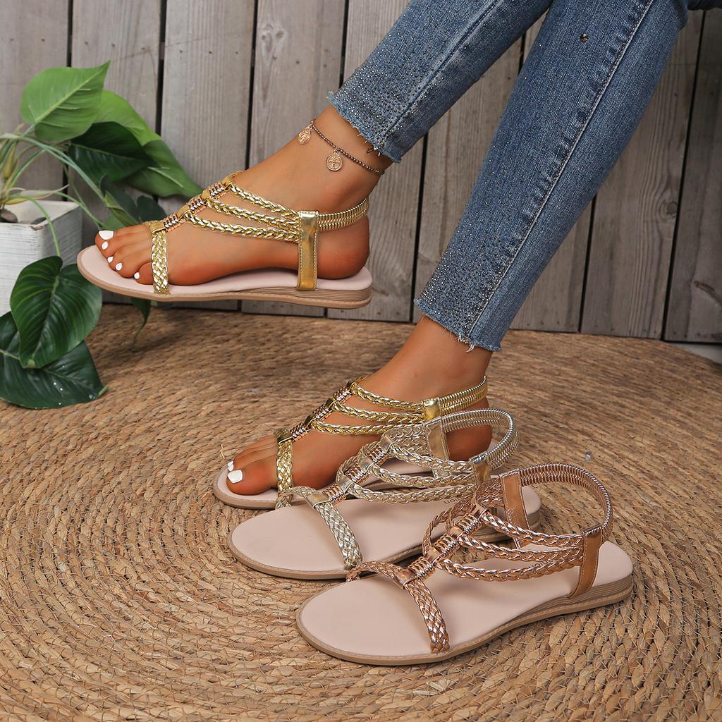 Women's Summer Round-Toe Non-Slip Comfortable Flat Sandals Fashionable Golden Style Best-Selling Plus-Size Casual Footwear