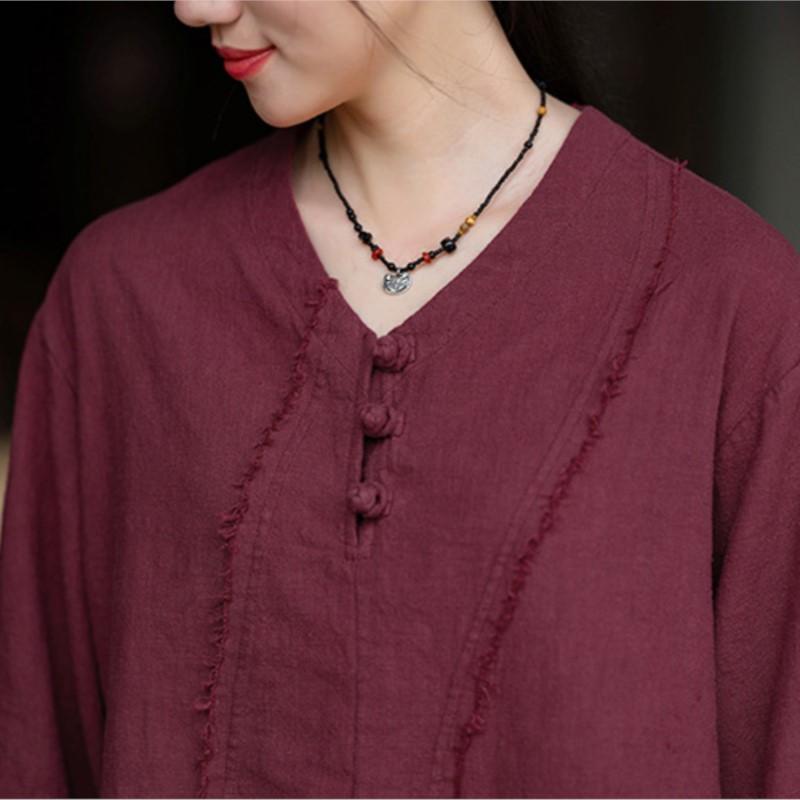 Johnature T-Shirts für Damen im chinesischen Stil, V-Ausschnitt, lange Ärmel, einfarbig, Patchwork, Vintage-T-Shirts