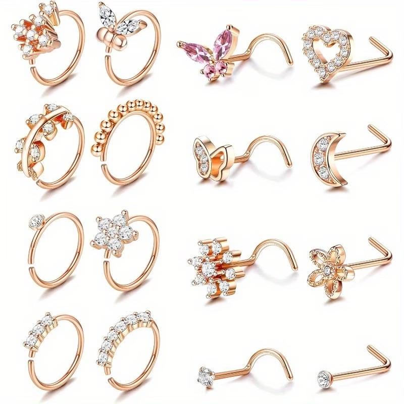 Multicolor Nose Ring Set Diamond Multi-Shape Flower Butterfly Love Moon Puncture Jewelry 316 Stainless Steel Trendy Unisex
