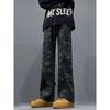 Vintage High Street Camouflage Tooling Jeans Men's Autumn and Winter Velvet American Splicing Design Sense Loose Straight Long Pants