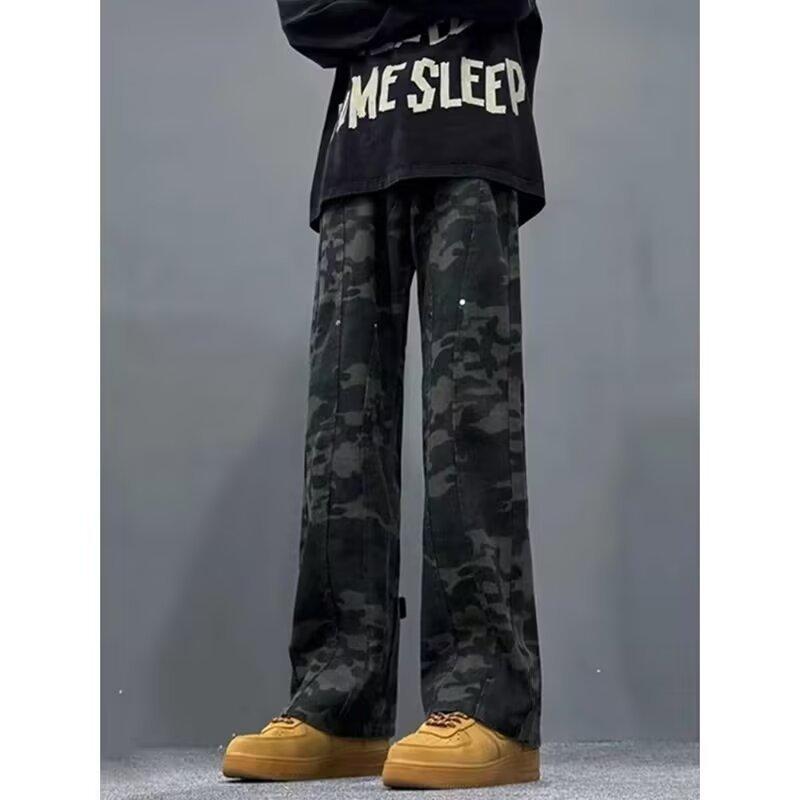 Vintage High Street Camouflage Tooling Jeans Men's Autumn and Winter Velvet American Splicing Design Sense Loose Straight Long Pants