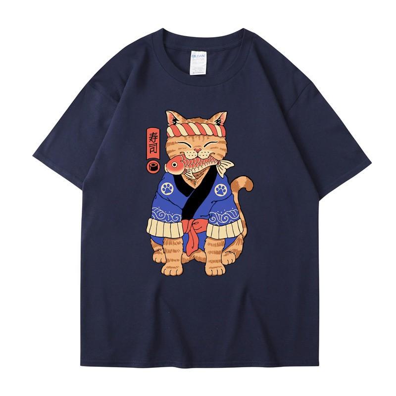 Japanese Harajuku Samurai Sword Cat T-Shirt Men Women Casual Tee Clothes Cotton Summer Tops Breathable T-Shirts