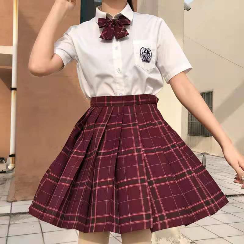 Gentle Blade Authentic JK Uniform: Plaid Pleated Skirt & College Style Short Shirt Set