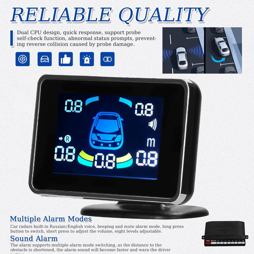 Car Parking Sensor Reversing Radars System Front & Rear Support Sound Warning/Buzzer/Mute with 8 Parking Sensors LCD Display