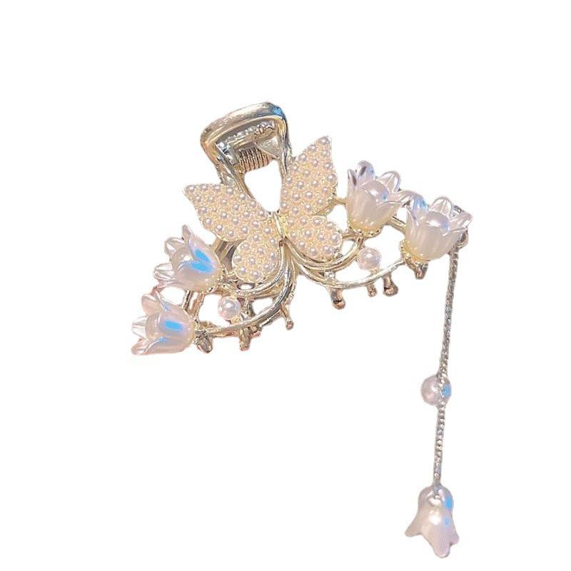 Fashion Lily of the Valley Flower Claw Clip Premium Pearl Butterfly Tassel Hair Clip Girls Elegant Hair Accessories