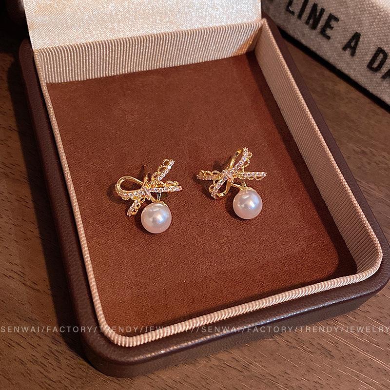 

Korean zircon bow pearl stud earrings women s small exquisite versatile earrings, simple earrings for daily commuting