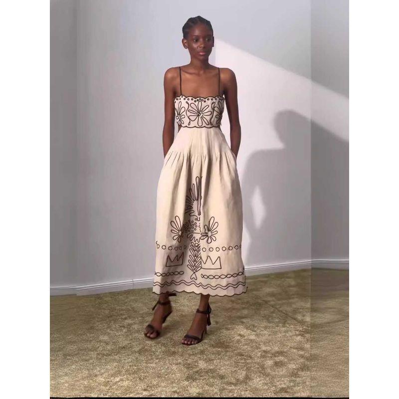 

Fashion Print Large Swing Sling Dress Spring and Summer New Women Suspender Sexy Dress Beige XL