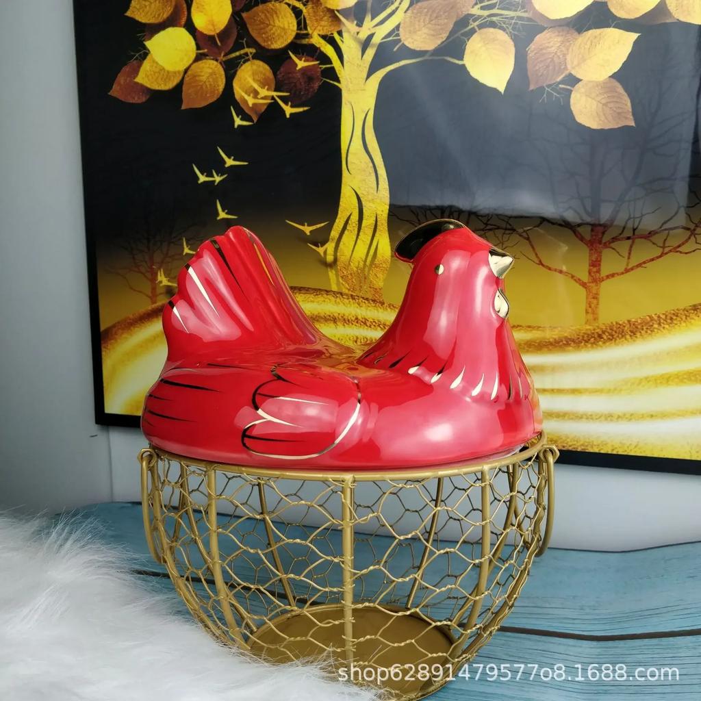 Cute Hen-shaped Egg Storage Basket Metal Wrought Iron Egg Basket with Lid Kitchen Food Debris Storage Container Home Decoration