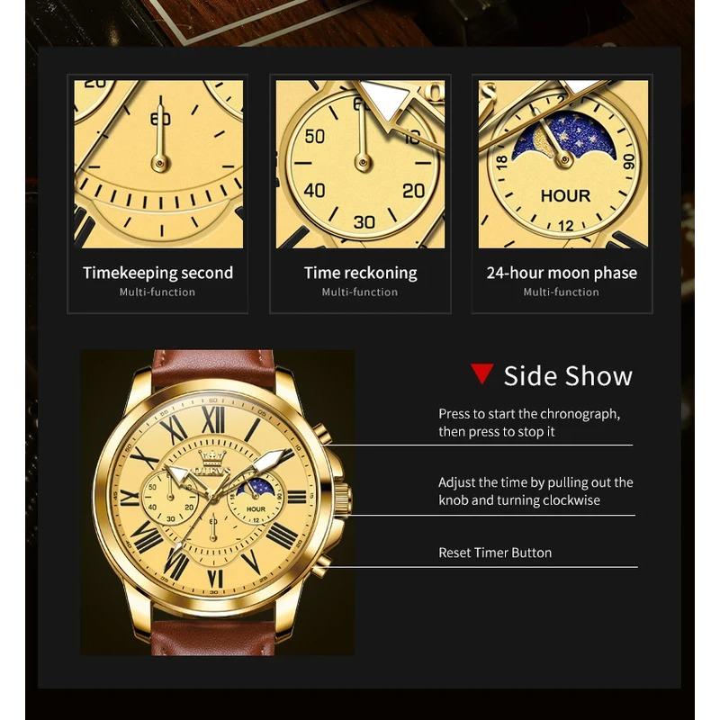 OLEVS Big Dial Roman Scale Quartz Watch For Men Waterproof Luminous Men's Hand Clock Moon Phase Original Fashion Man Watch