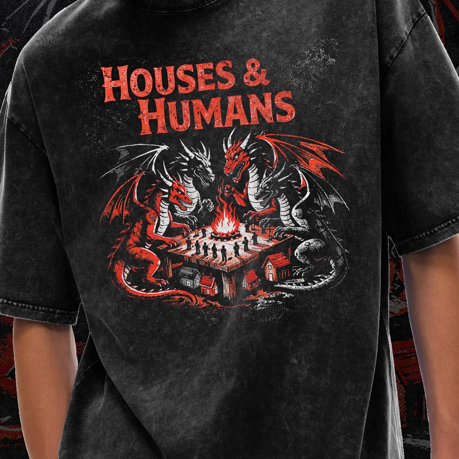 Houses and Humans D&D Shirt, Dungeons and Dragons, Acid Wash Oversize T-Shirt - 250 GSM, Grunge and Goth Streetwear, Vintage Washed T-Shirt 2XL