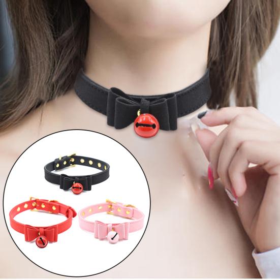 Bell Bowknot Faux Leather Belt Adjustable Collar Choker Bondage Necklace Sex Toy