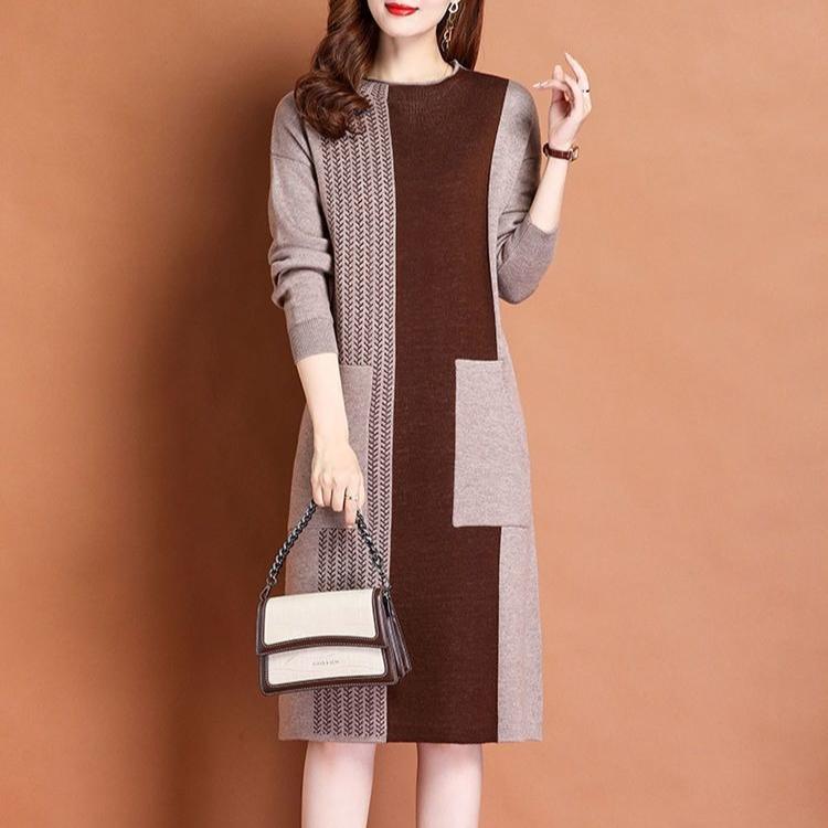 Women's Crew Neck Plus Size Knit Dress Autumn and Winter Color-Block Pullover Sweater Dress Over-the-Knee Mid-Length Knit Sweater