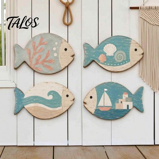Coastal Wall Art for Living Room 4Pcs Wooden Hanging Fish Art, Bathroom Plaque with Nautical Marine Life Ornaments Theme Bedroom, Rustic Beach