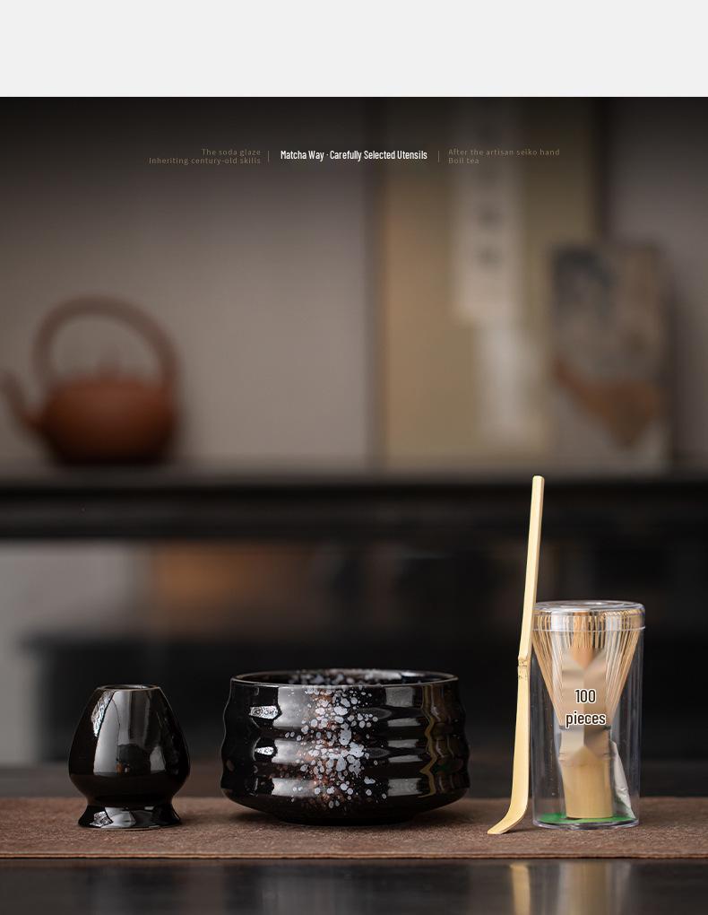 Japanese Ceramic Matcha Tea Set: Large Bowl, Whisk, Sieve, and Bamboo Whisk - 8 Pieces