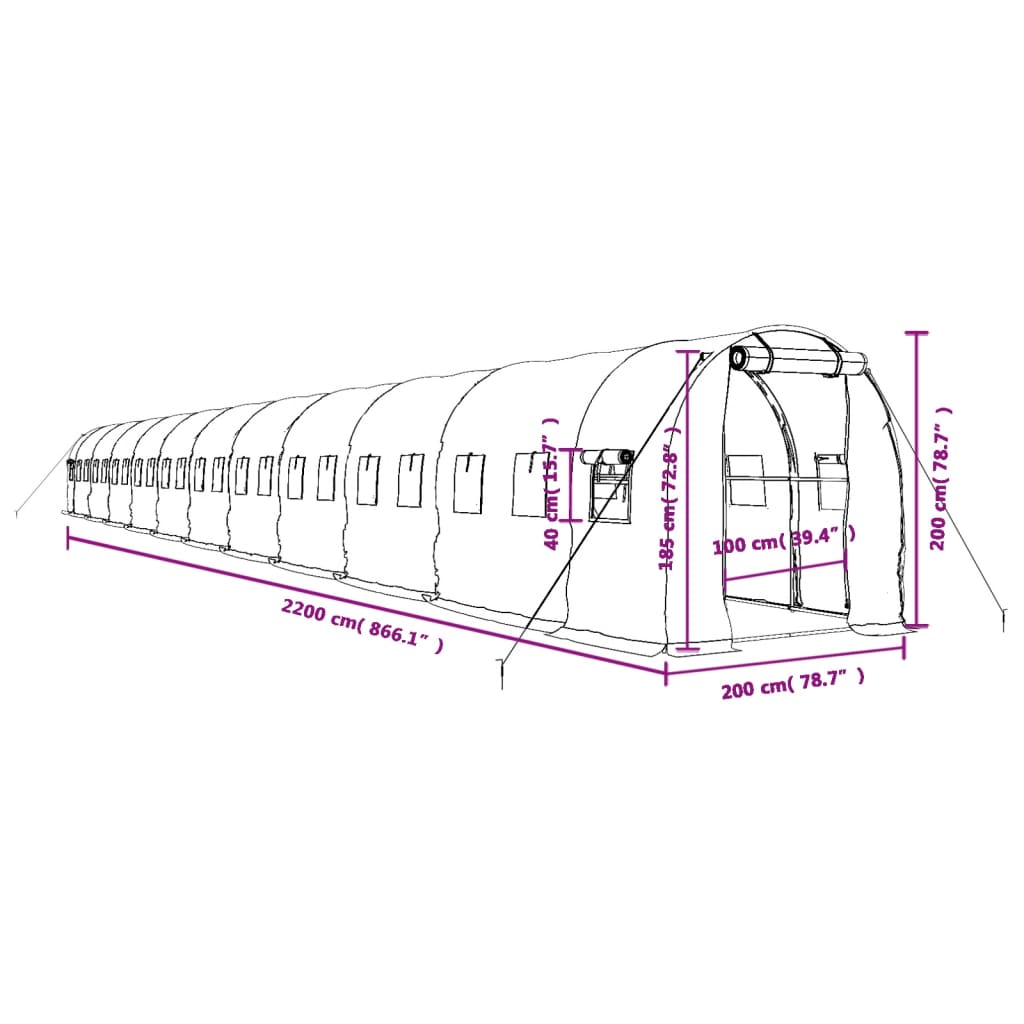 Green Greenhouse with Steel Frame 44 m² 22 x 2 x 2 m