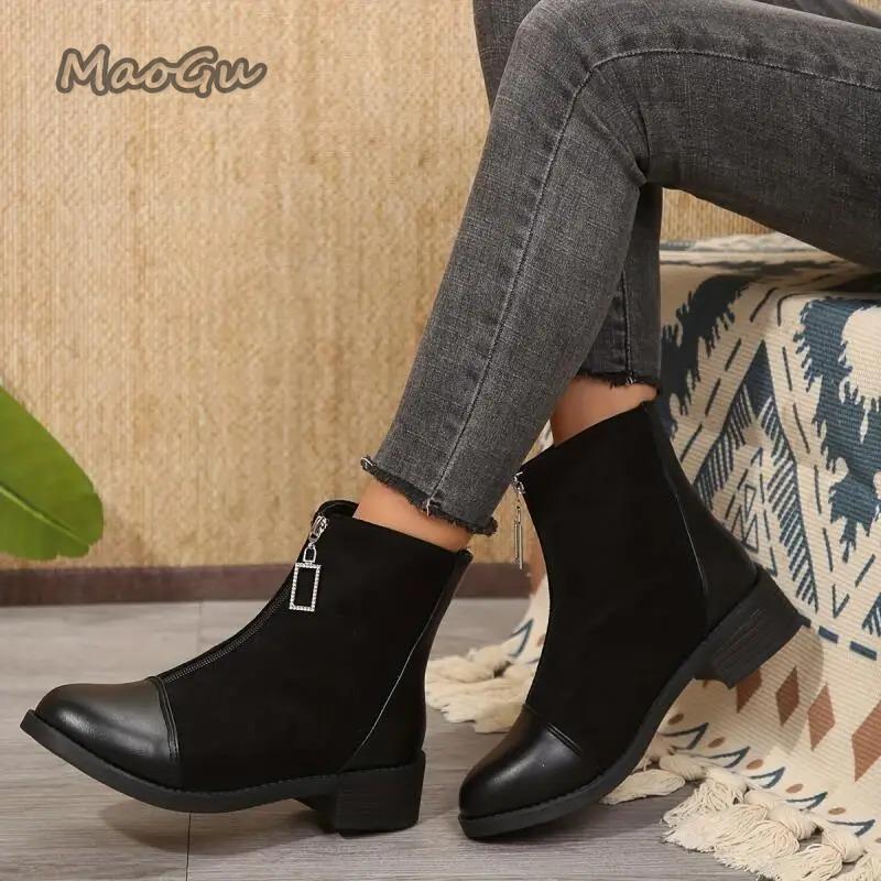 Fashion Retro Solid Black Ankle Boots Women 2025 Autumn Comfort Medium Heel Vintage Stretch Boots Glitter Zip Decoration Woman's Shoes