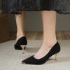 Metal pointed high heels women's thin heels 2025 new Korean version black suede celebrity style shallow mouth temperament single shoes