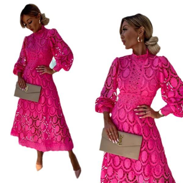 Vestido de Encaje Francés de Primavera 2024 con Manga Abullonada y Cuello Mao – Elegante, Diseño Largo que Estiliza la Cintura